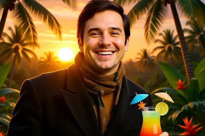 Michael McAnally in an AI-generated tropical sunset scene, holding a cocktail