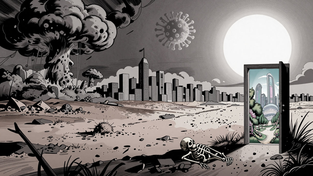 An apocalyptic panorama blending three disasters across one ruined horizon: mushroom clouds on the left, an intact but empty city in the center, and a bone-dry desert wasteland under a searing white sun on the right.