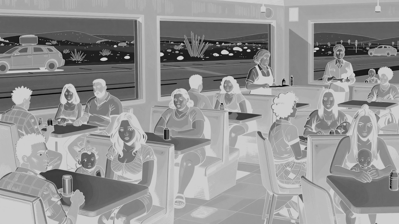 Every patron in the diner frozen mid-motion and turned to stare directly outward in eerie unison, a spoon and splash of soda suspended in midair, a hairline seam of violet-gold light cracking across the scene.